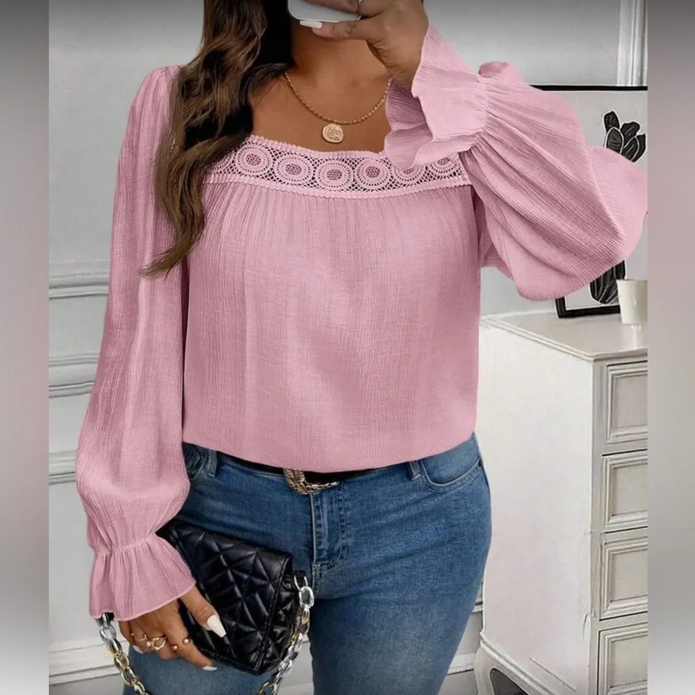 Elegant Pink Lace Trim Women's Top
